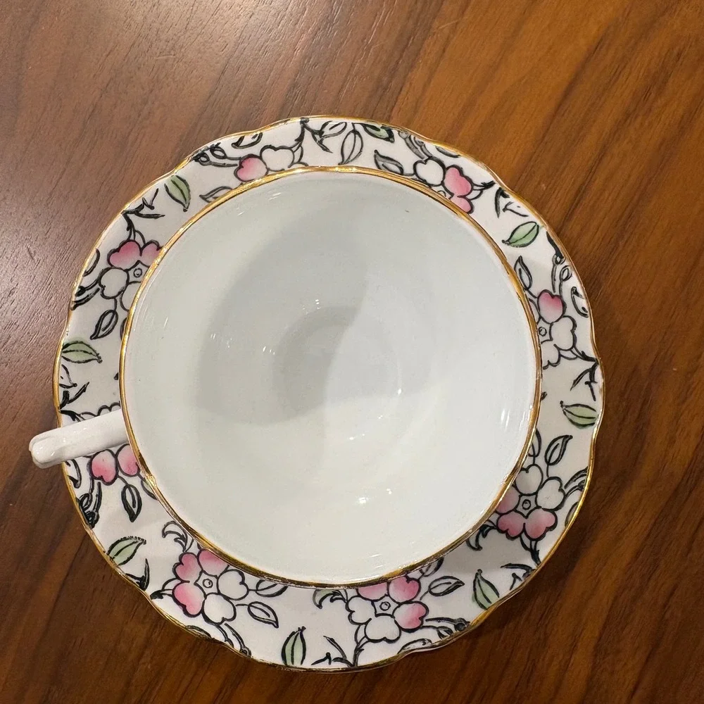 English Castle, Tea Cup and Saucer, Pink White, OS, Excellent